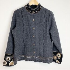 Icelandic Designs Nehru Collar Gray Embroidered Jacket Cardigan - L